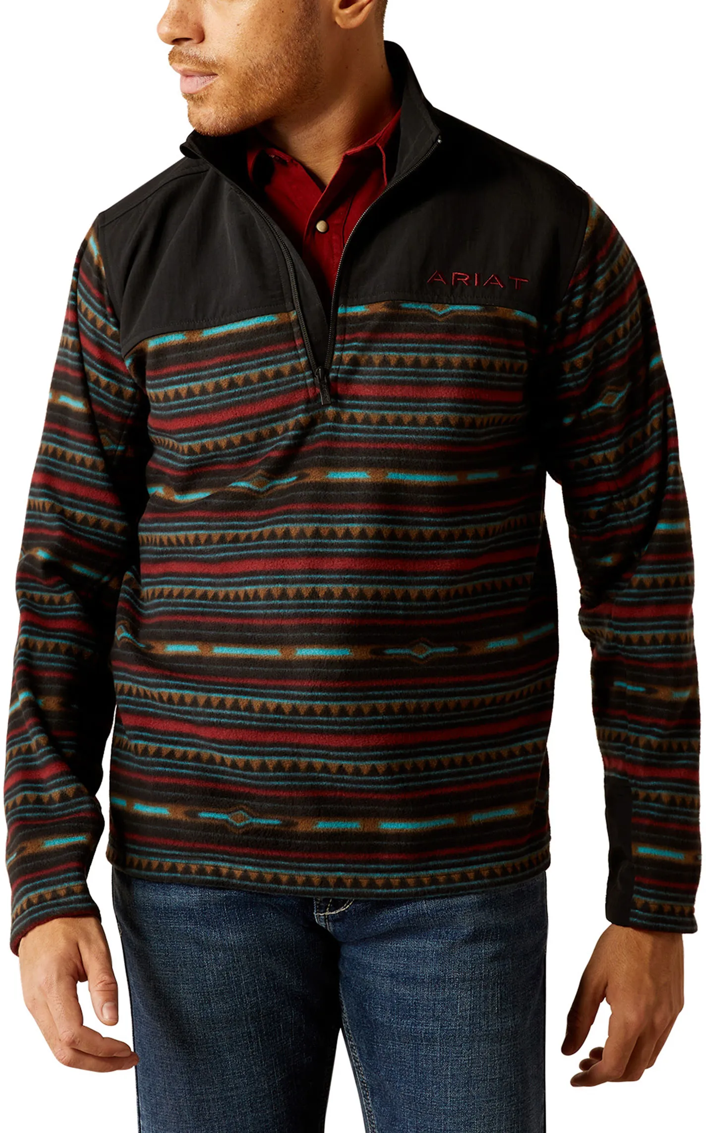 Ariat Men's Black & Colorful Aztec Stripe 1/4 Zip Fleece Pullover