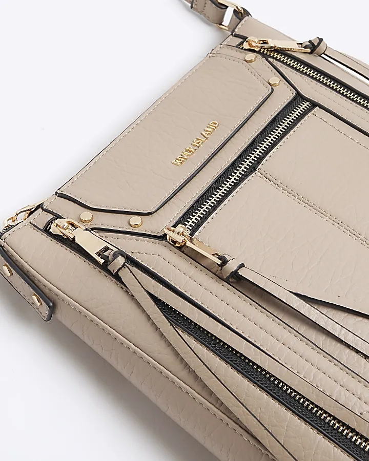 Beige Panelled Zip Cross Body Bag