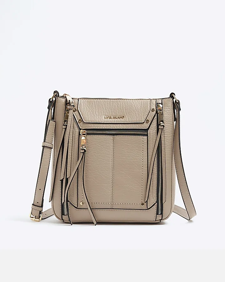 Beige Panelled Zip Cross Body Bag