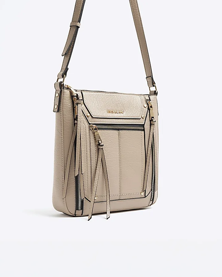 Beige Panelled Zip Cross Body Bag