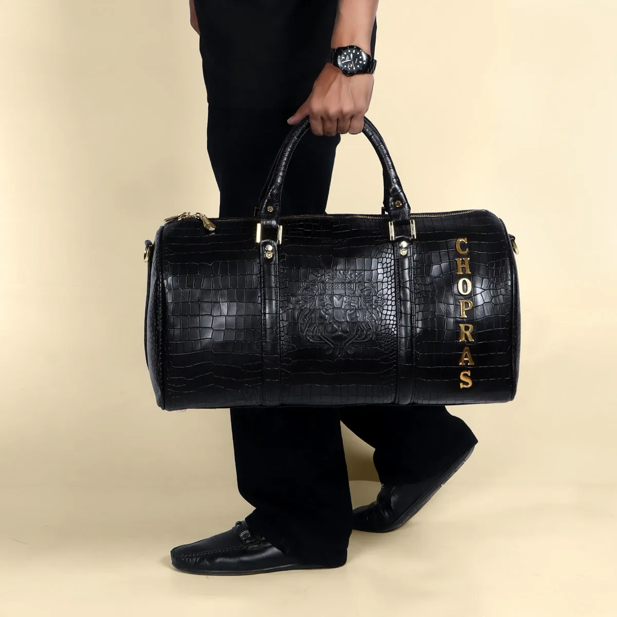 Bespoke CHOPRAS Metal Initial Deep cut Leather Duffle bag/Gym bag