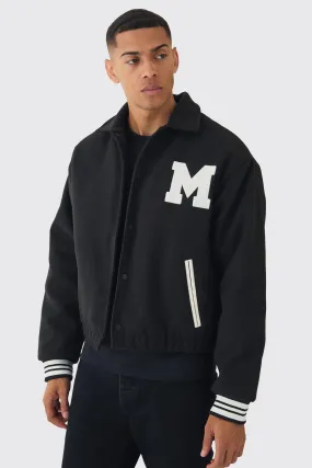 Boxy Collared Varsity Jacket In Black