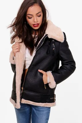 Contrast Collar And Cuff Aviator Jacket