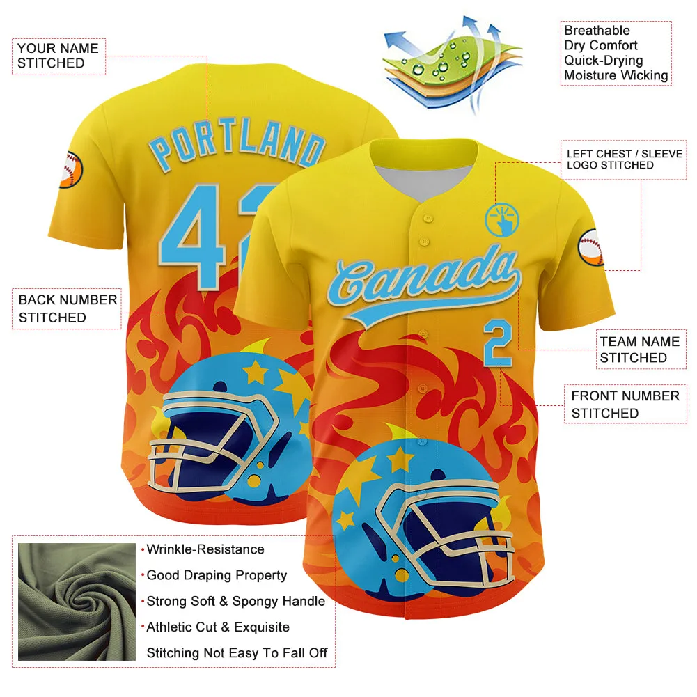 Custom Light Yellow Sky Blue Orange-Cream 3D Pattern Design Flame Football Helmet Authentic Baseball Jersey