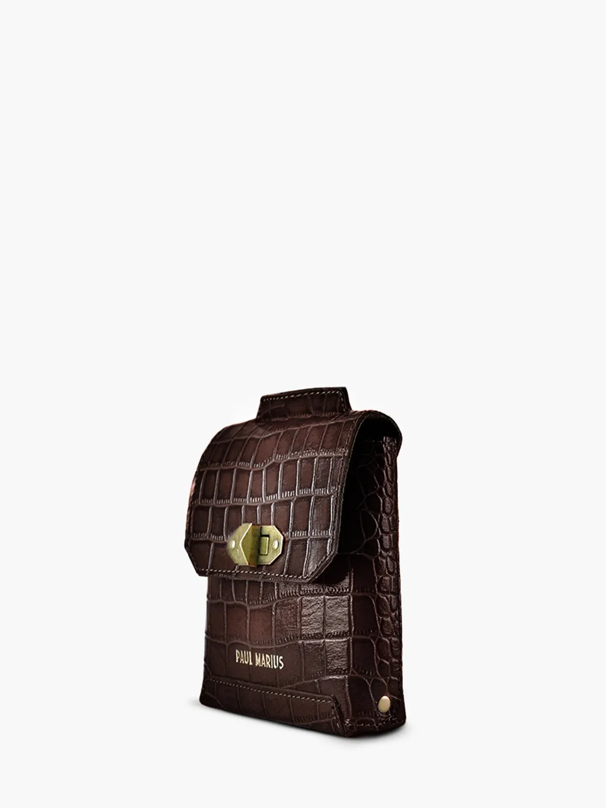 Dark Brown Leather Phone Bag for Woman - Agathe Alligator Tiger's Eye | PAUL MARIUS