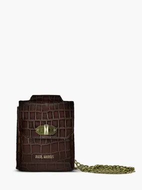 Dark Brown Leather Phone Bag for Woman - Agathe Alligator Tiger's Eye | PAUL MARIUS