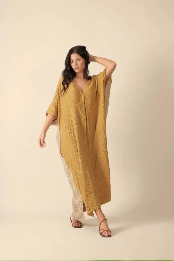 Double V- neck Pullover Dress - Mustard/Beige