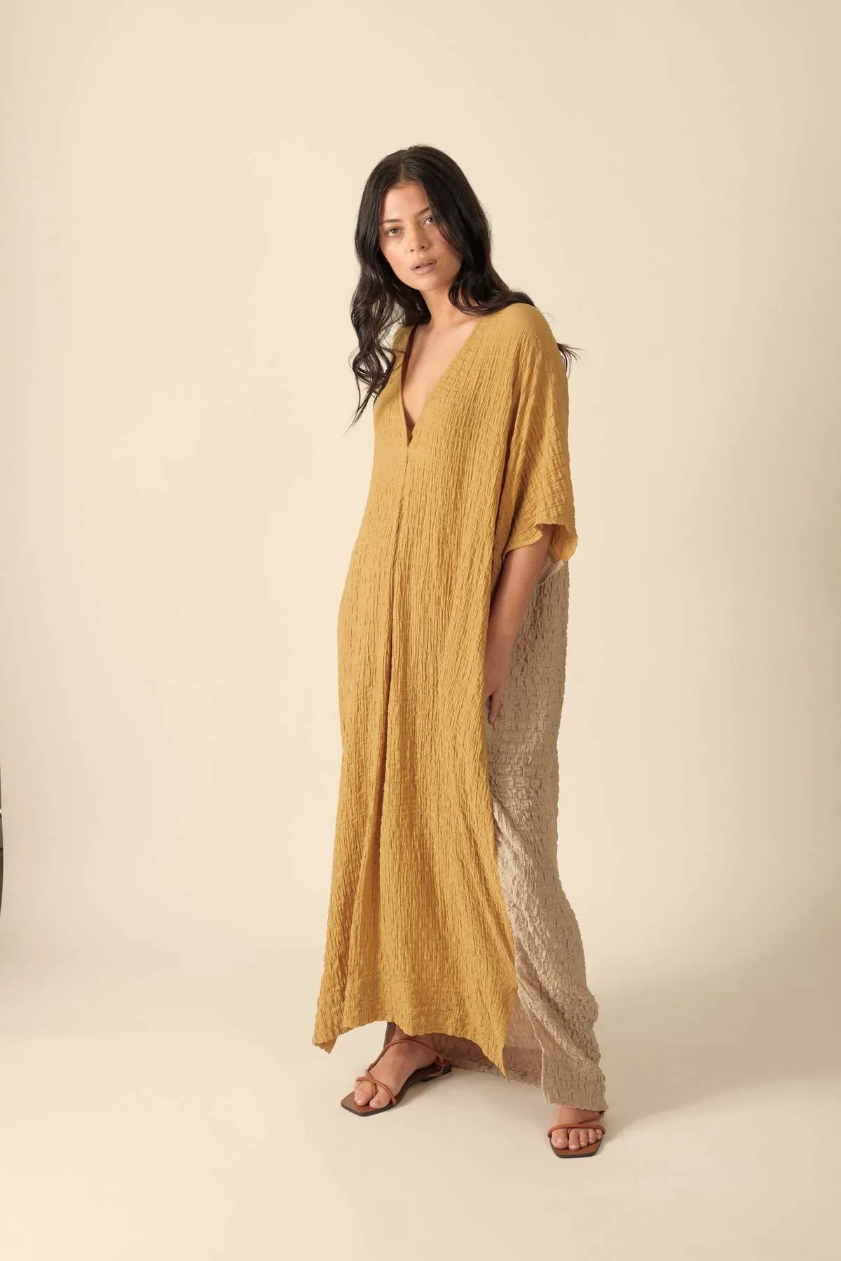 Double V- neck Pullover Dress - Mustard/Beige