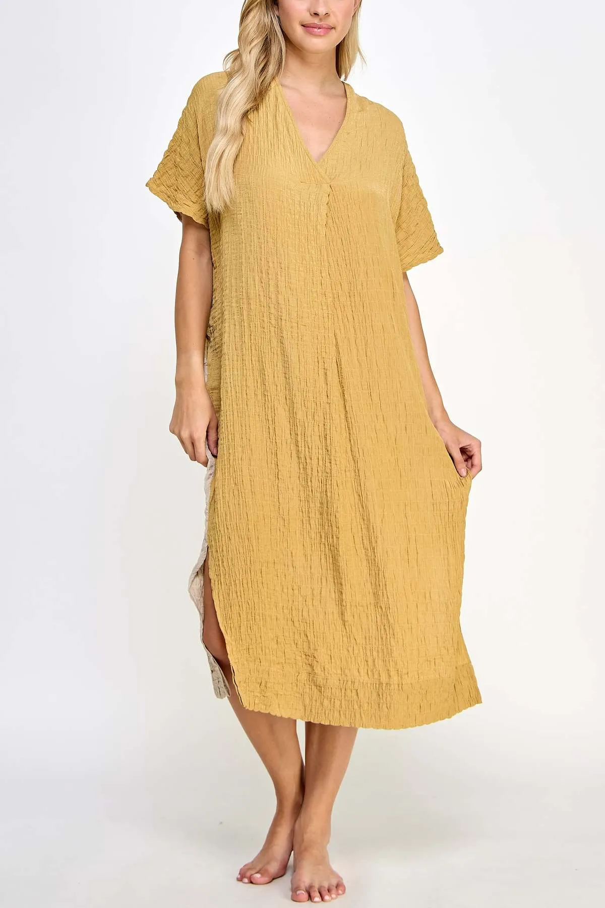 Double V- neck Pullover Dress - Mustard/Beige