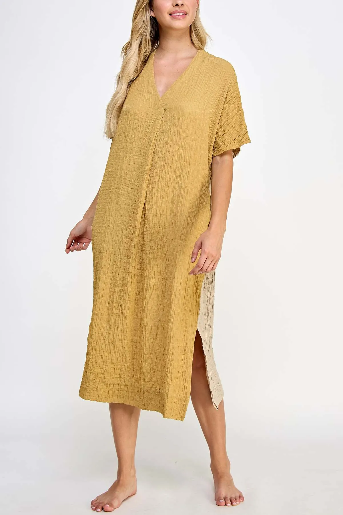 Double V- neck Pullover Dress - Mustard/Beige