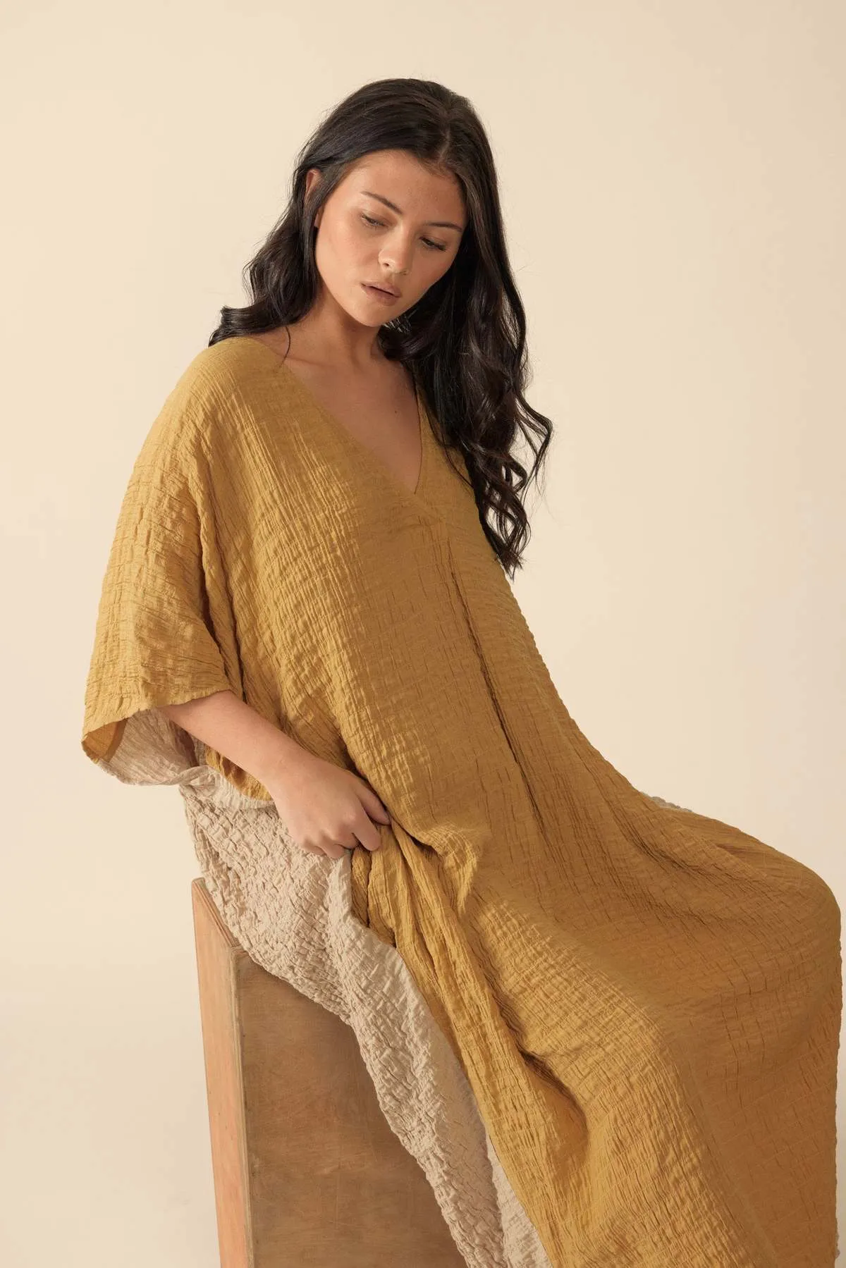 Double V- neck Pullover Dress - Mustard/Beige