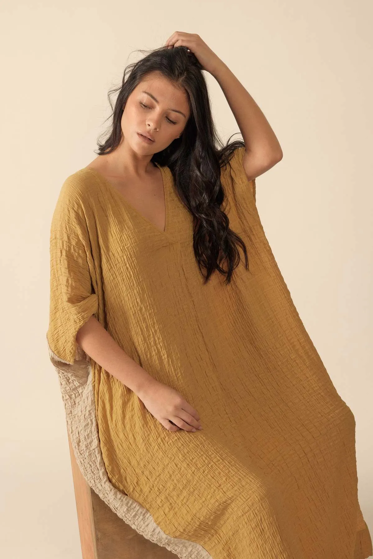 Double V- neck Pullover Dress - Mustard/Beige