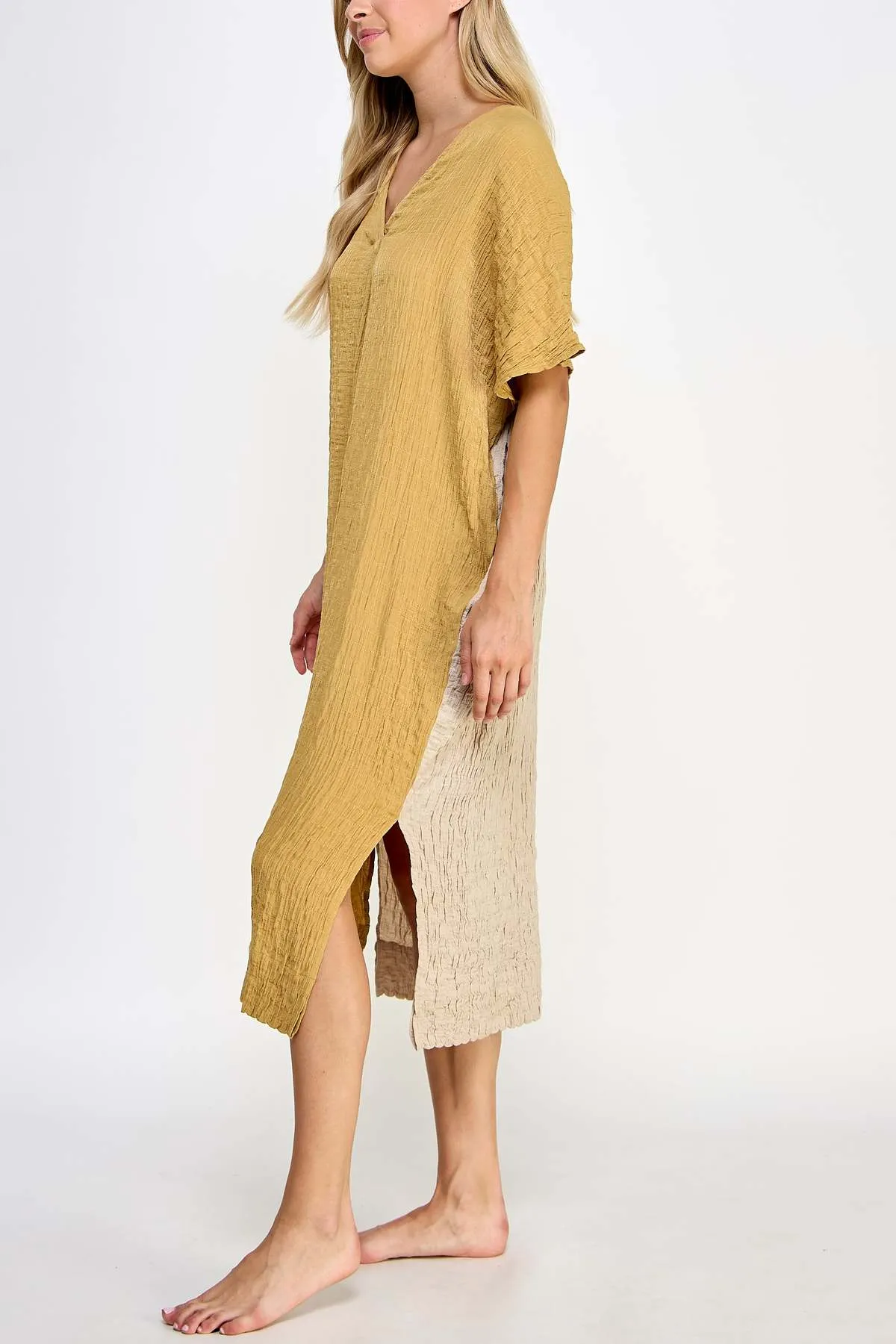 Double V- neck Pullover Dress - Mustard/Beige