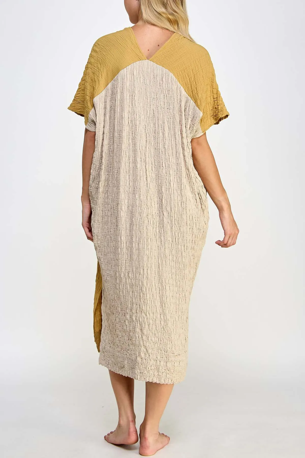 Double V- neck Pullover Dress - Mustard/Beige