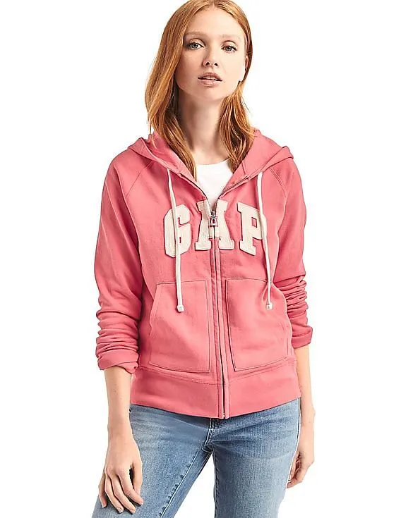 GAP Women Pink Felt Logo Zip Hoodie