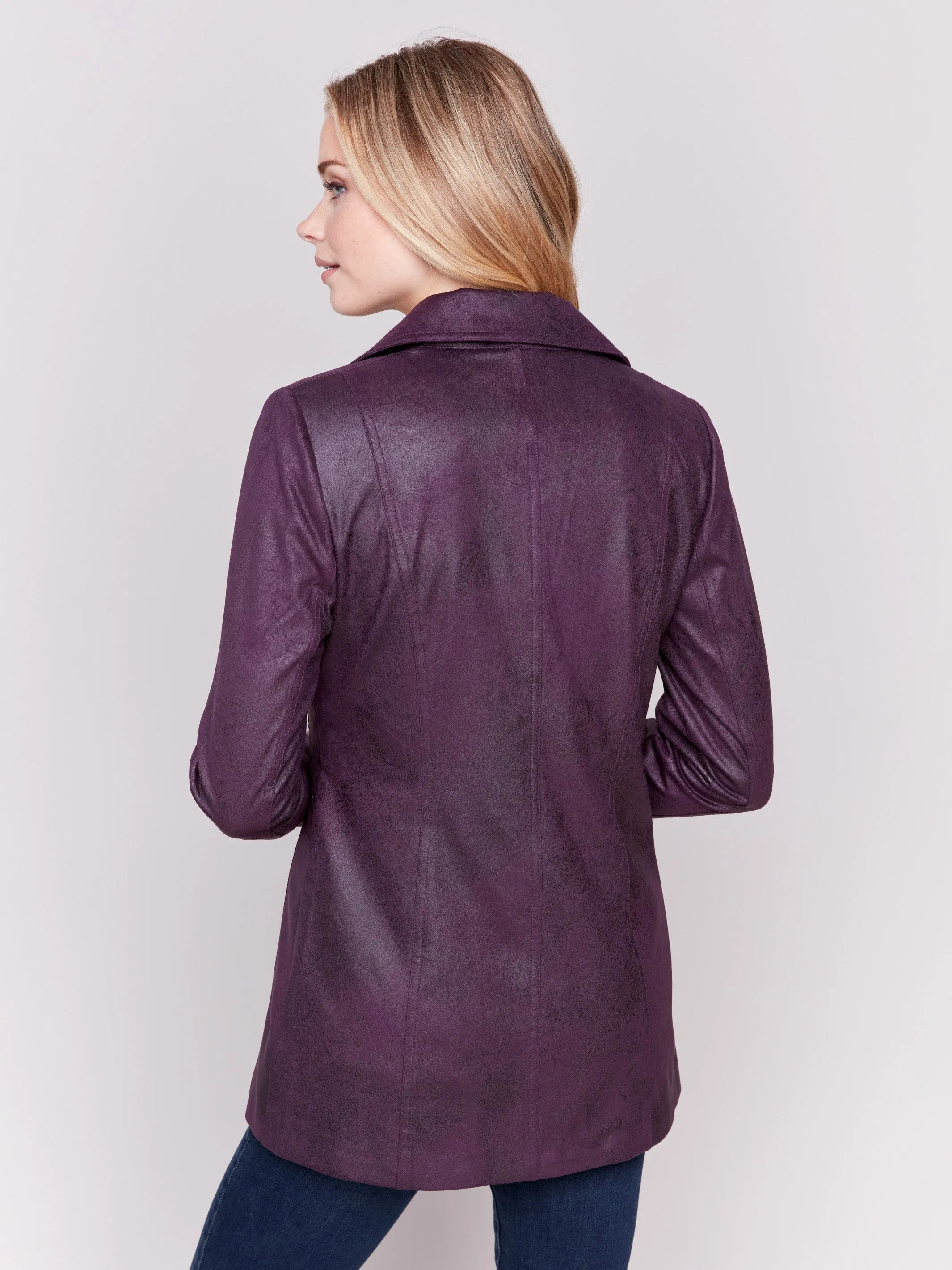 Long Vintage Faux Suede Jacket - Plum