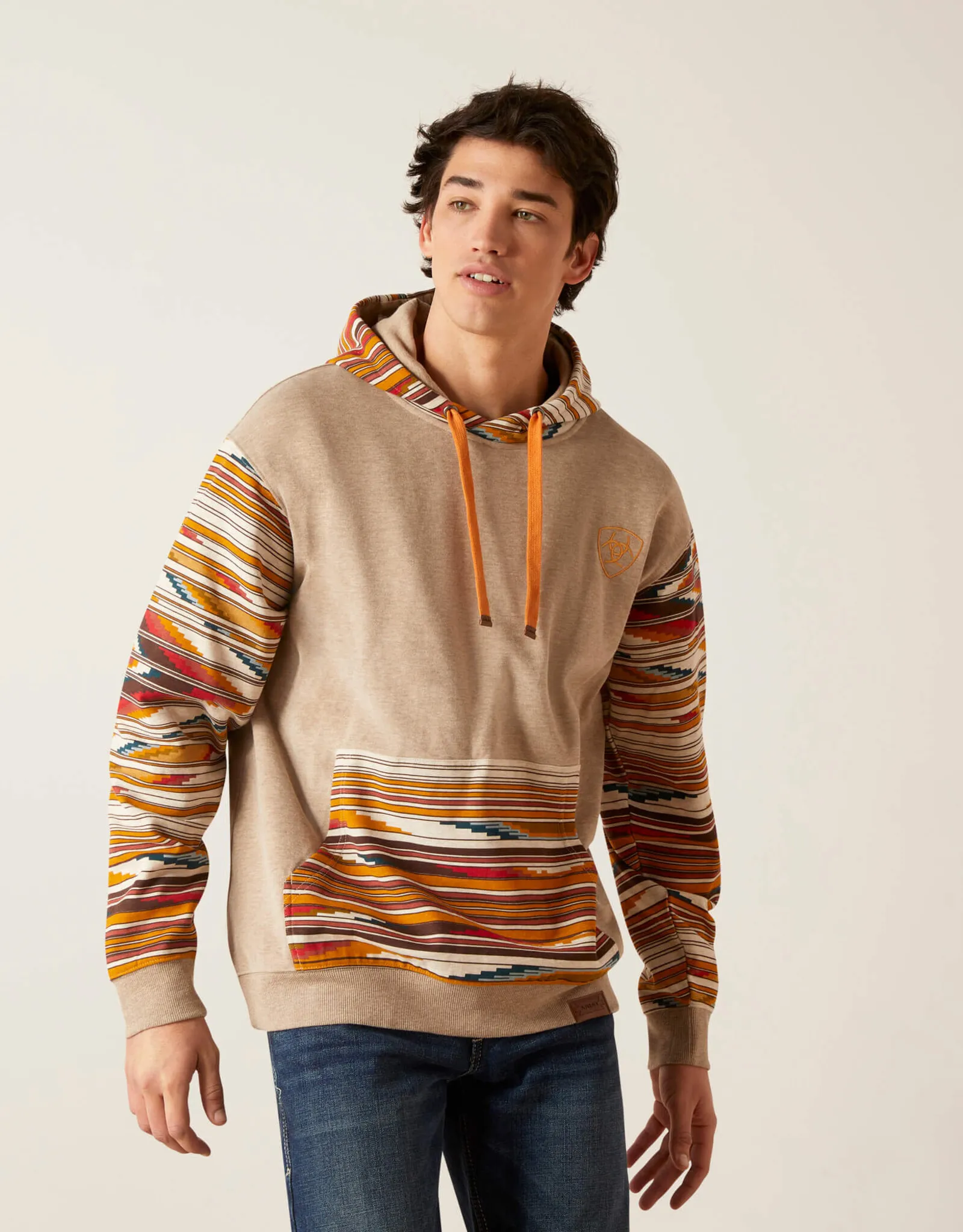 Mens Ariat Beige Chimayo Colorblock Pullover Hooded Sweatshirt