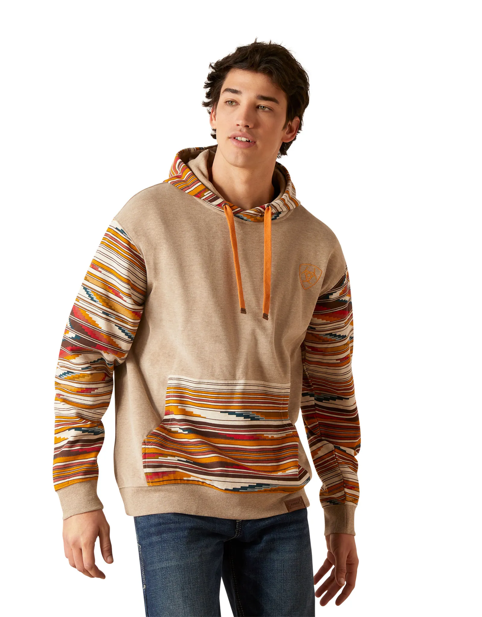 Mens Ariat Beige Chimayo Colorblock Pullover Hooded Sweatshirt