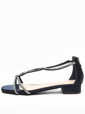 Quiz Navy Satin Diamante T-strap Flat Sandals