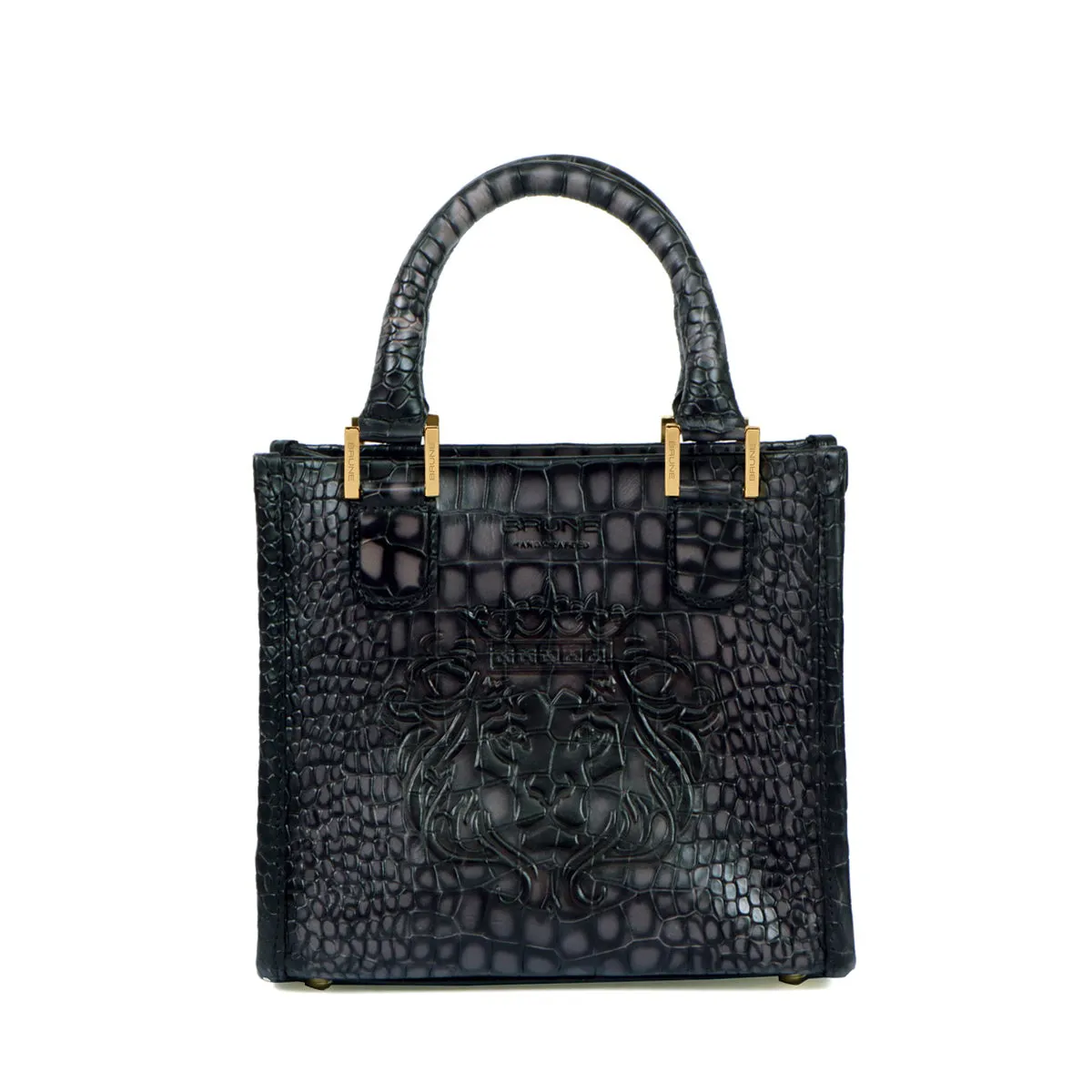 Small Size Hand Bag with Embossed Lion Smoky Grey Croco Deep Cut Textured Leather