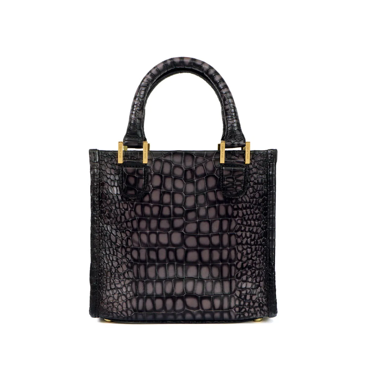 Small Size Hand Bag with Embossed Lion Smoky Grey Croco Deep Cut Textured Leather