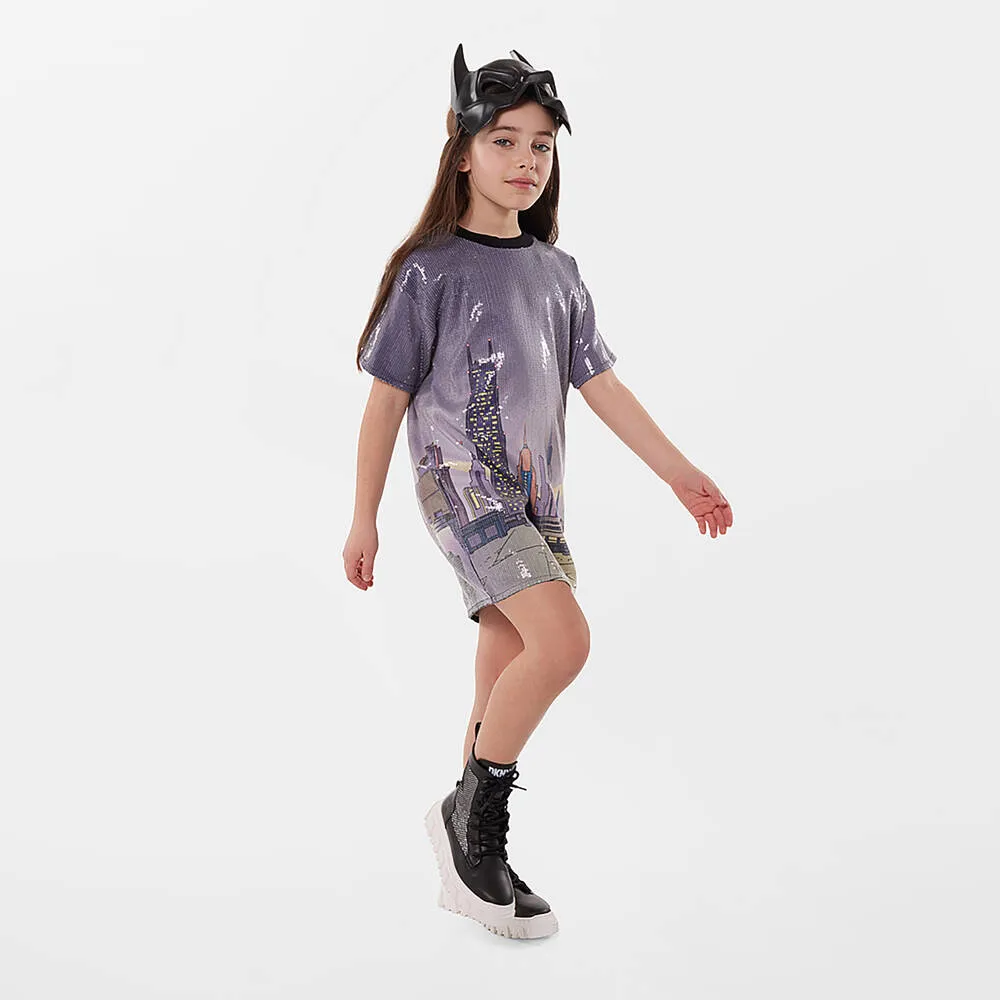 Teen Girls Grey Sequin Batman Dress