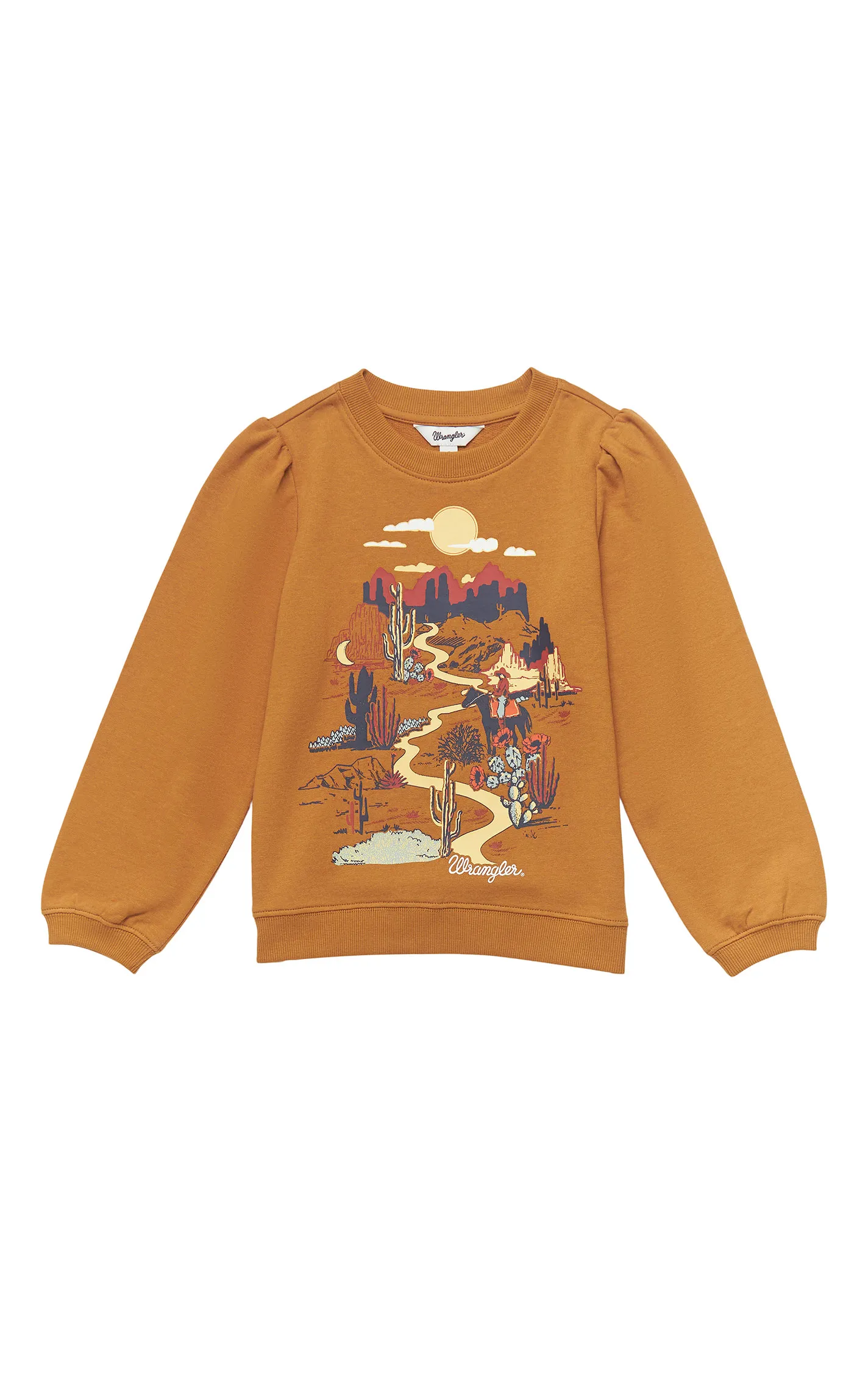 Wrangler Girl's Caramel Cool Desert Scene Long Puff Sleeve Pullover 